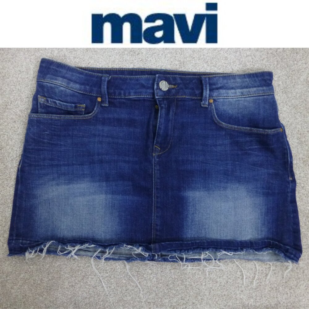 Mavi Jeans Mini Blue Denim Skirt Intentionally Distressed Hem